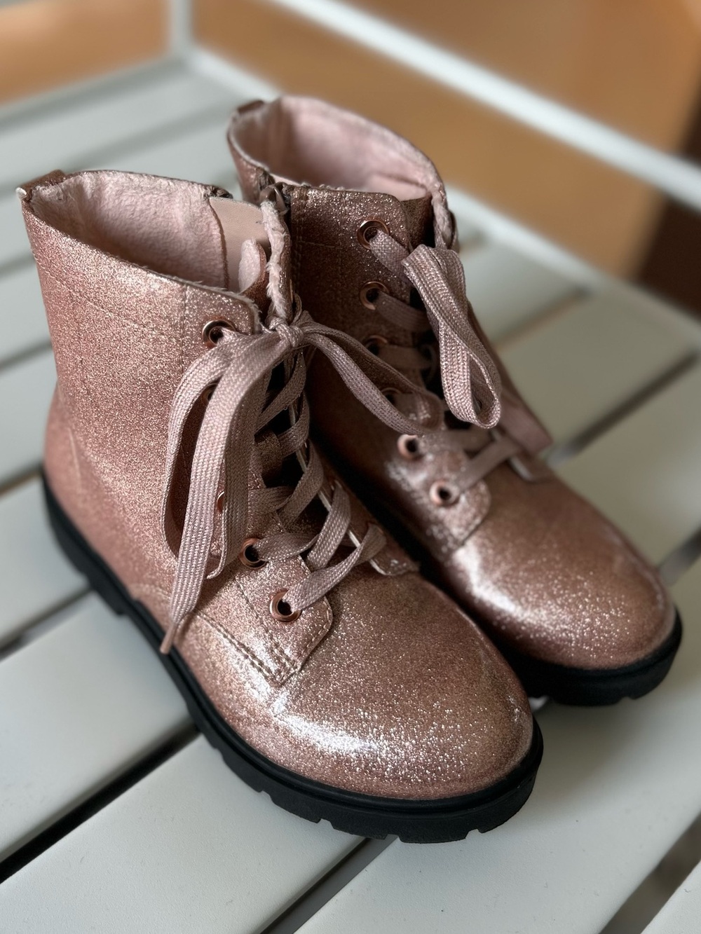 H&M Girls Glitter Lace-Up Ankle Boots in Rose Gold